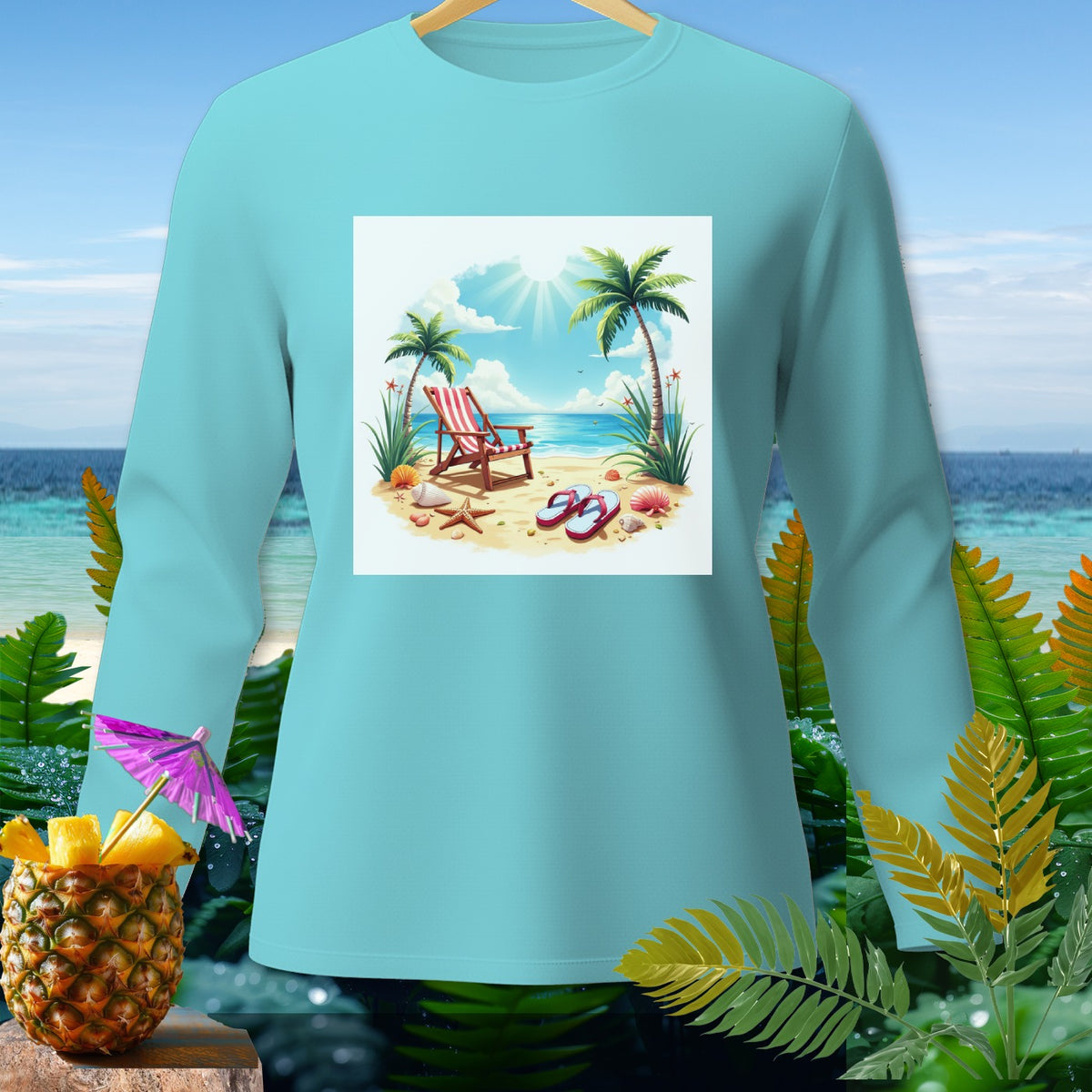 Light blue long-sleeve shirt with a beach scene graphic.