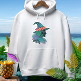White hoodie with a tropical witch silhouette and pineapple with umbrella.