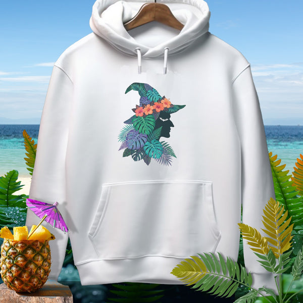 White hoodie with a tropical witch silhouette and pineapple with umbrella.