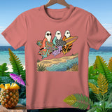 Three ghosts in colorful robes hold surfboards, one reads 