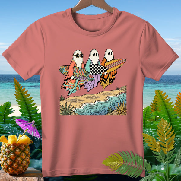 Three ghosts in colorful robes hold surfboards, one reads "Boo Crew."