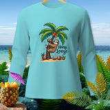 Turquoise long sleeve shirt with a sloth hanging on a palm tree and the text 
