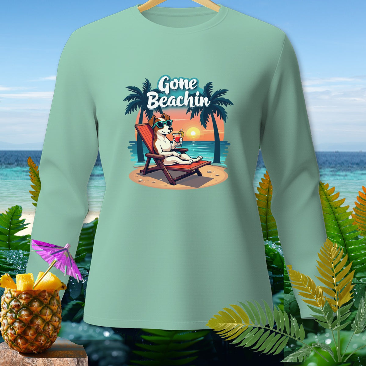 Long sleeve shirt with a cartoon dog relaxing on a beach chair with the text "Gone Beachin'".