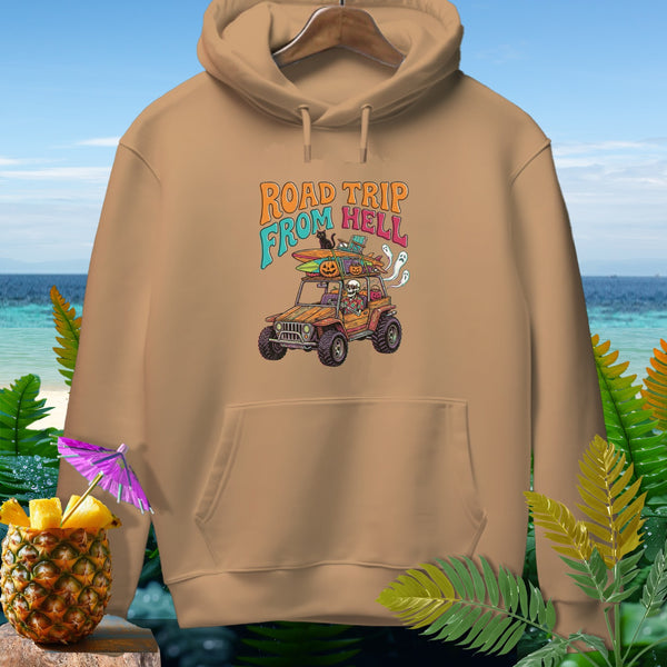 Hoodie graphic with "Road Trip From Hell" text, skeleton, and Halloween elements on a Jeep.