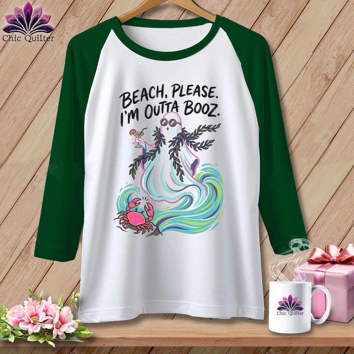 Raglan t-shirt with ghost, crab, cocktail, and text "Beach, Please. I'm Outta Booz."
