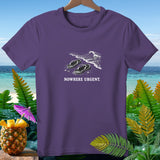 Purple t-shirt with graphic of flip-flops on a beach and text 
