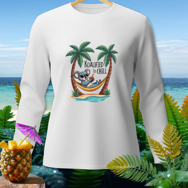 White long-sleeve shirt with a graphic of a koala in a hammock saying "Koalified to Chill".