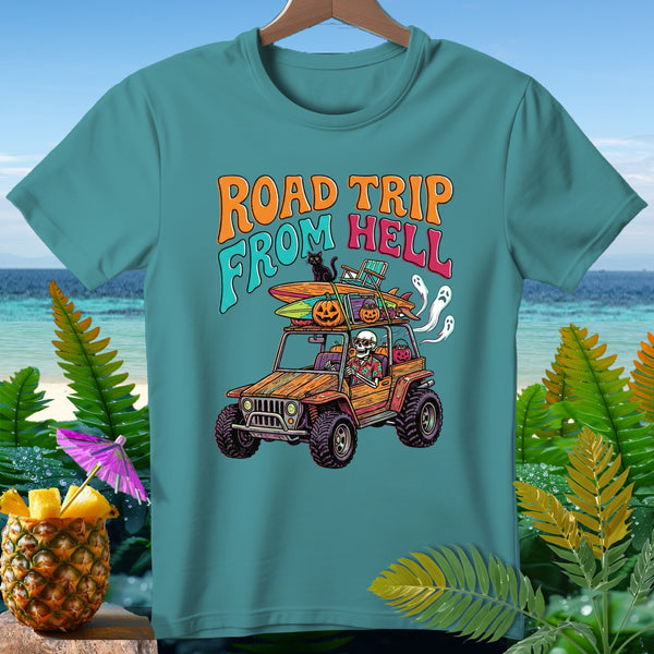 T-shirt with "Road Trip From Hell" text, skeleton driving a jeep with Halloween decorations.