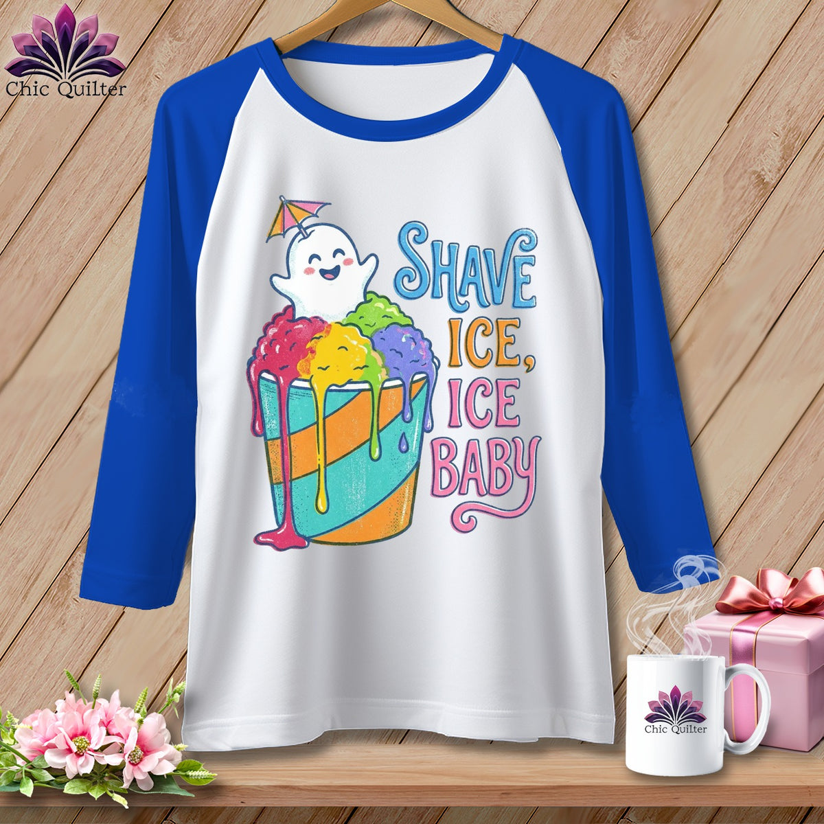 White baseball tee with ghost and "Shave Ice, Ice Baby" graphic.