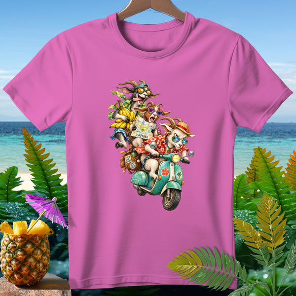 Three cartoon goats ride a scooter with bananas and a map reading "Paradise".