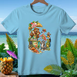 Cartoon animals buying ice cream from a bear at a tropical stand.