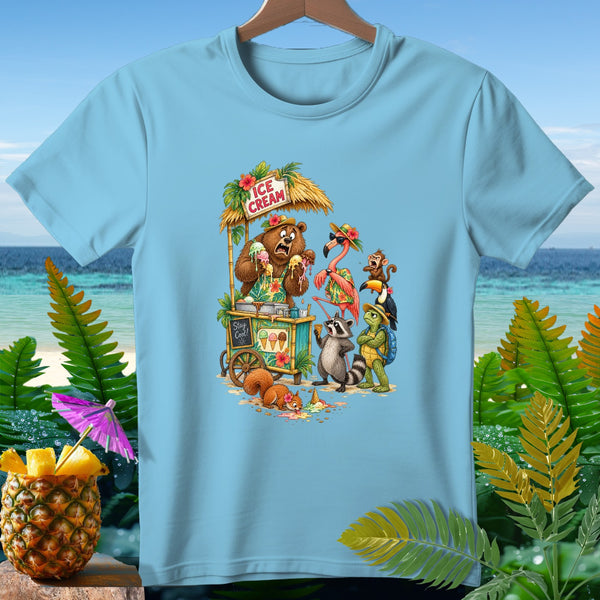 Cartoon animals buying ice cream from a bear at a tropical stand.