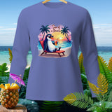 Penguin with sunglasses relaxes on a beach chair with a drink, text 