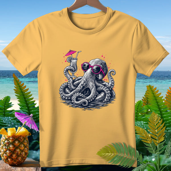 Yellow t-shirt with octopus wearing sunglasses and drinking a cocktail.