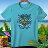 Turquoise t-shirt with tropical flower graphic featuring 
