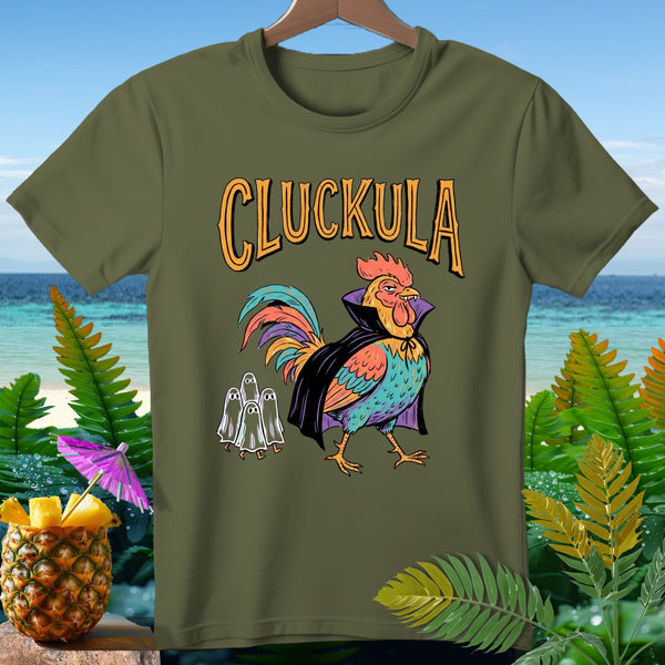 T-shirt with "CLUCKULA" text, a vampire rooster, and three ghosts.