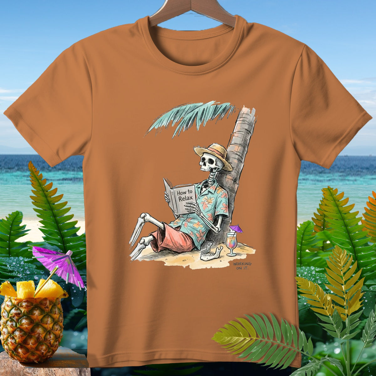 Skeleton reading "How to Relax" on a beach with a drink.
