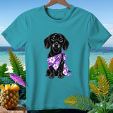 Teal t-shirt with a black dachshund wearing a purple floral bandana.