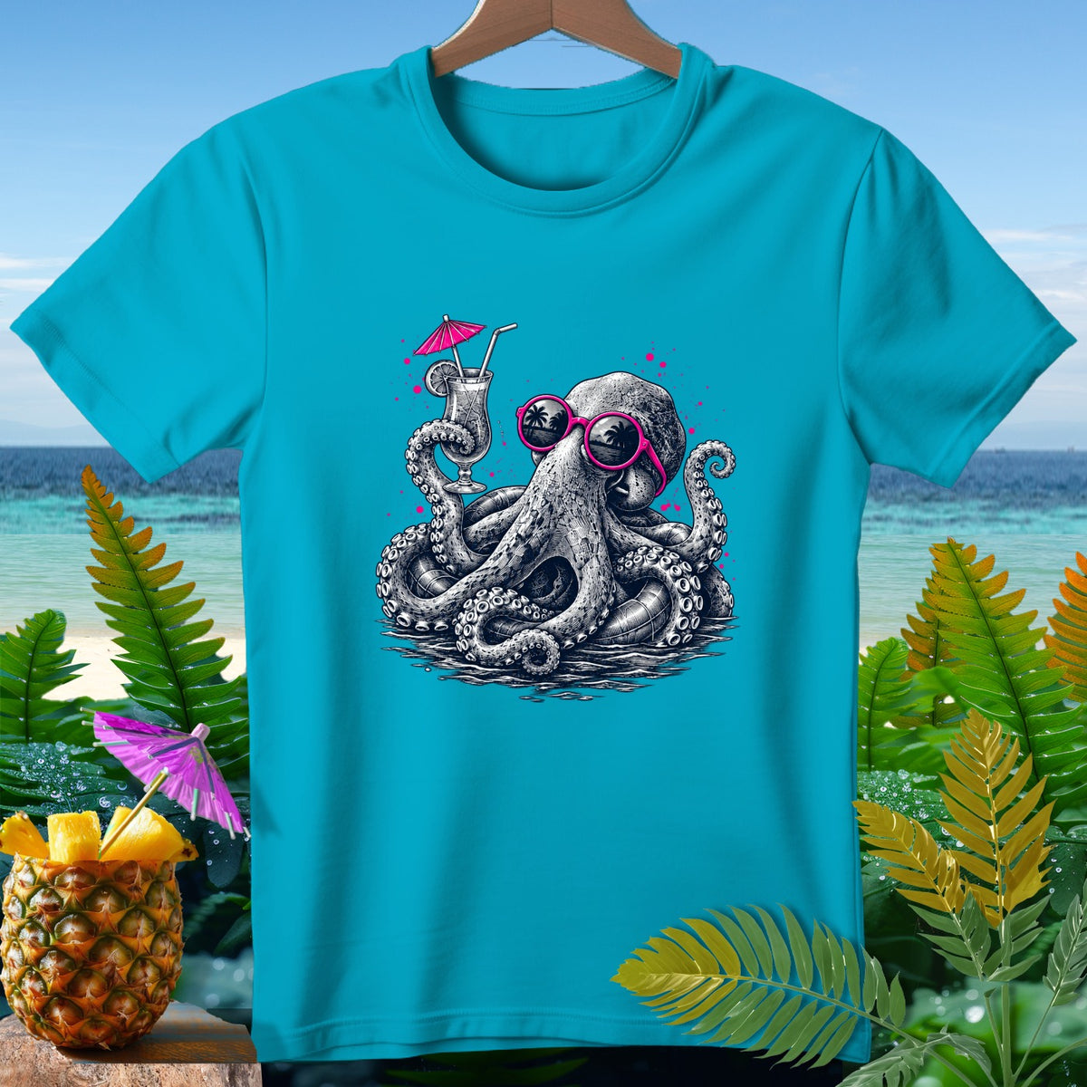 Turquoise t-shirt with a black and white graphic of a cool octopus wearing sunglasses with a cocktail.