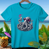 Turquoise t-shirt with a black and white graphic of a cool octopus wearing sunglasses with a cocktail.