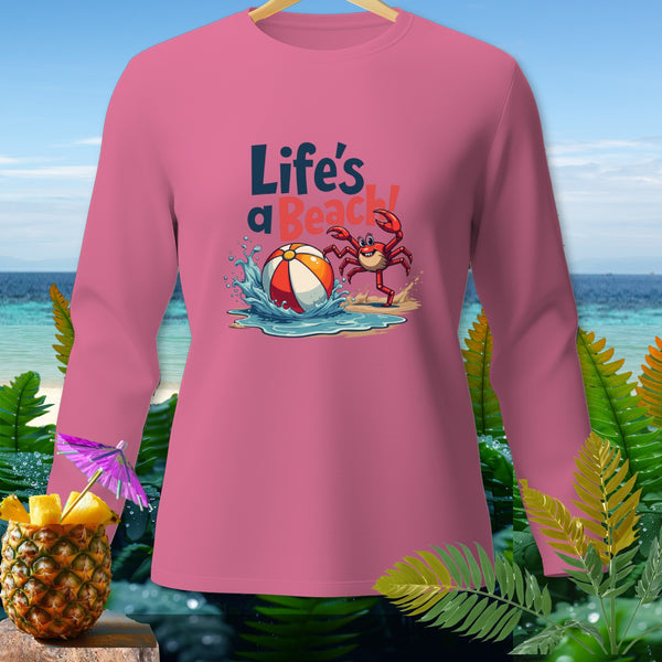 Pink long-sleeve shirt with cartoon crab, beach ball, and "Life's a Beach!" text.