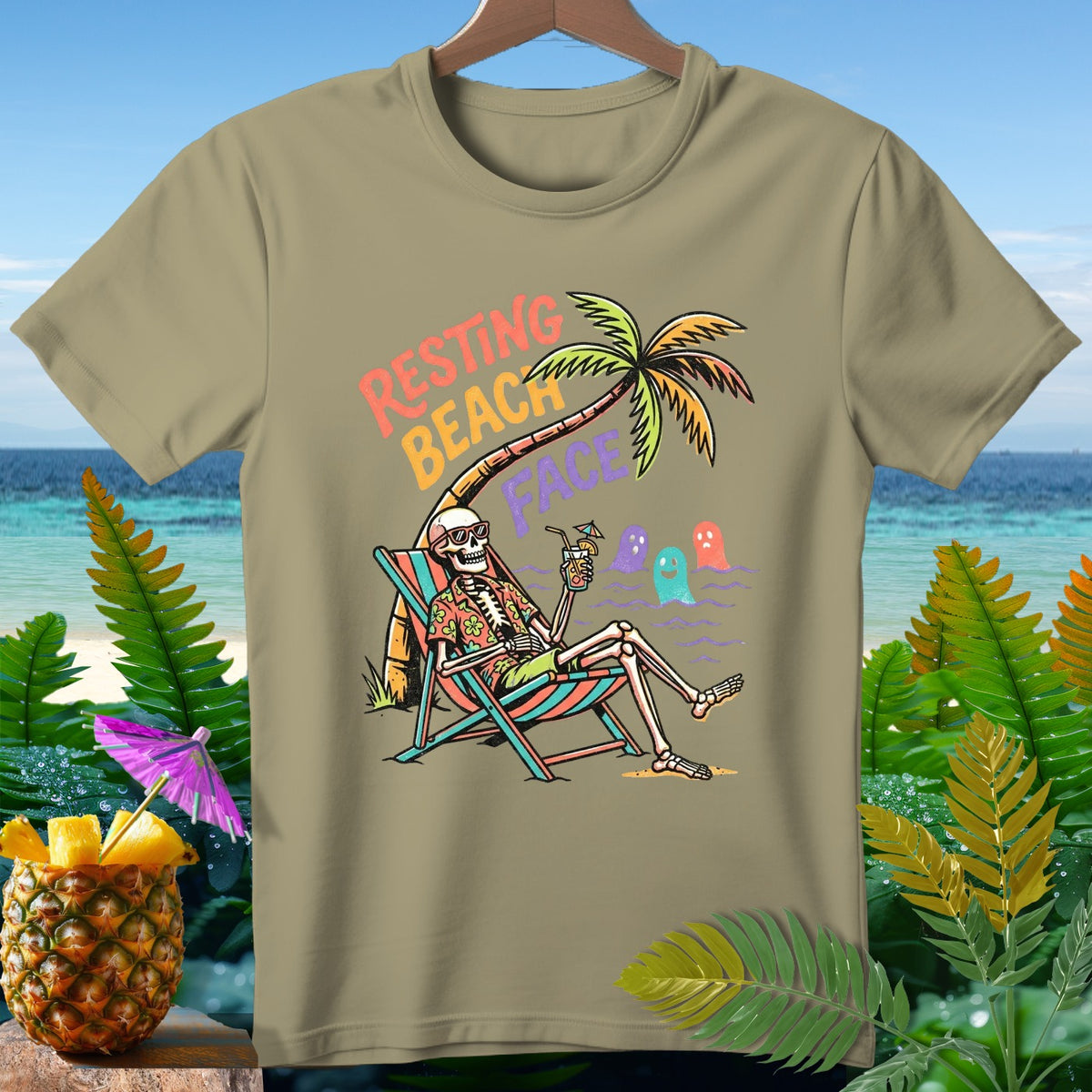 Skeleton relaxing on a beach chair with text "Resting Beach Face."