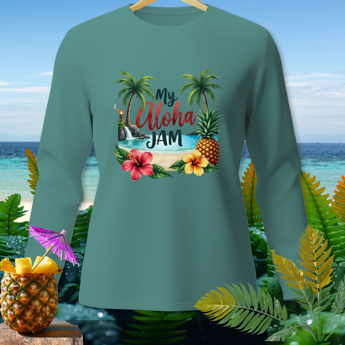 Teal long sleeve shirt with "My Aloha JAM" beach graphic and tropical elements.