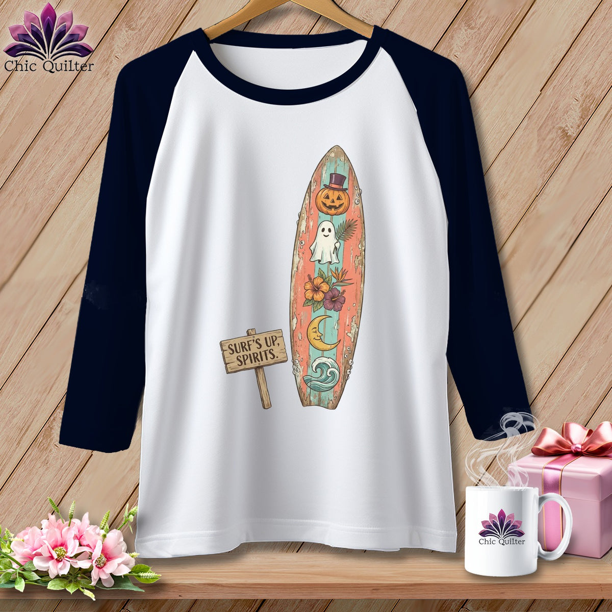 Baseball t-shirt with surf-themed Halloween graphic: pumpkin, ghost, moon, flowers.