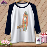 Baseball t-shirt with surf-themed Halloween graphic: pumpkin, ghost, moon, flowers.