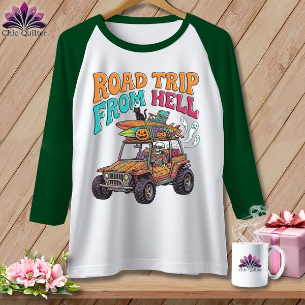 Green sleeve baseball tee with "Road Trip From Hell" graphic featuring a jeep and skeletons.