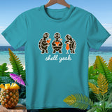 Teal t-shirt with three cartoon turtles holding cocktails and the text 