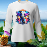 White long-sleeve shirt with geometric elephant design and tropical sunset background.