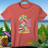 T-shirt with colorful bird, beach scene, and 