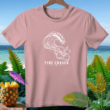 Pink t-shirt with white wave and hibiscus design, text reads 