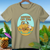 T-shirt with oval graphic of skeleton, ghost, pumpkin, and text 