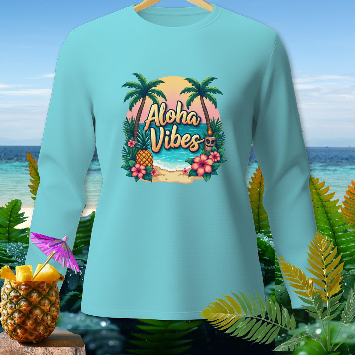 Light blue long sleeve shirt with "Aloha Vibes" tropical beach graphic.