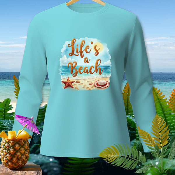 Light blue long-sleeved shirt with "Life's a Beach" text and beach scene graphic.
