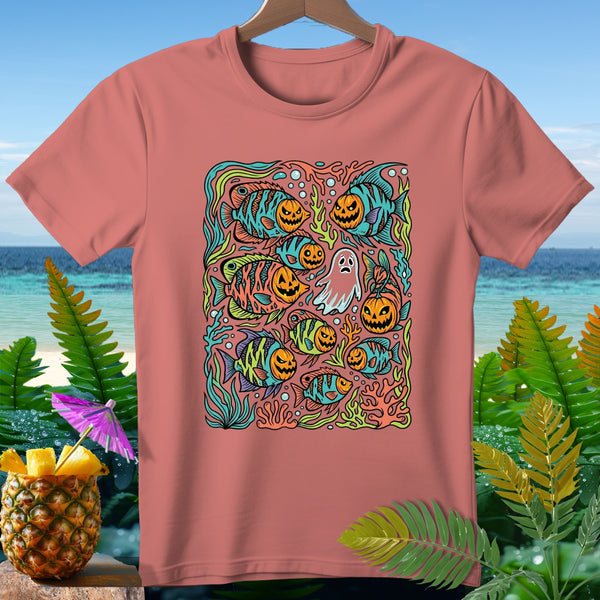 T-shirt featuring jack-o'-lantern fish and a ghost in an underwater scene.