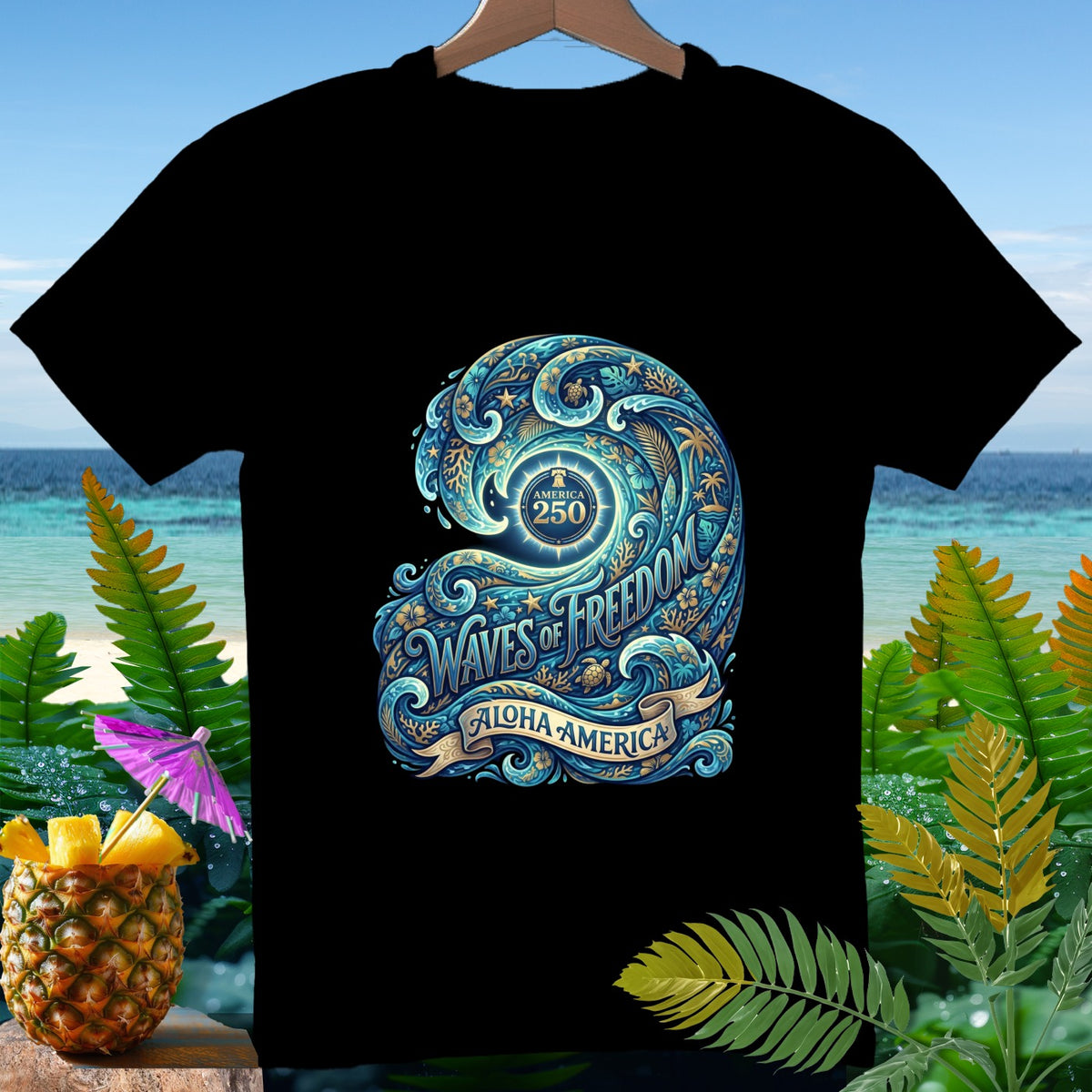 Black t-shirt with a blue wave design featuring "America 250" and "Waves of Freedom, Aloha America".