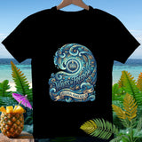 Black t-shirt with a blue wave design featuring 