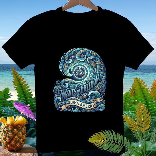 Black t-shirt with a blue wave design featuring "America 250" and "Waves of Freedom, Aloha America".