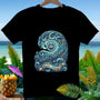 Black t-shirt with a blue wave design featuring "America 250" and "Waves of Freedom, Aloha America".