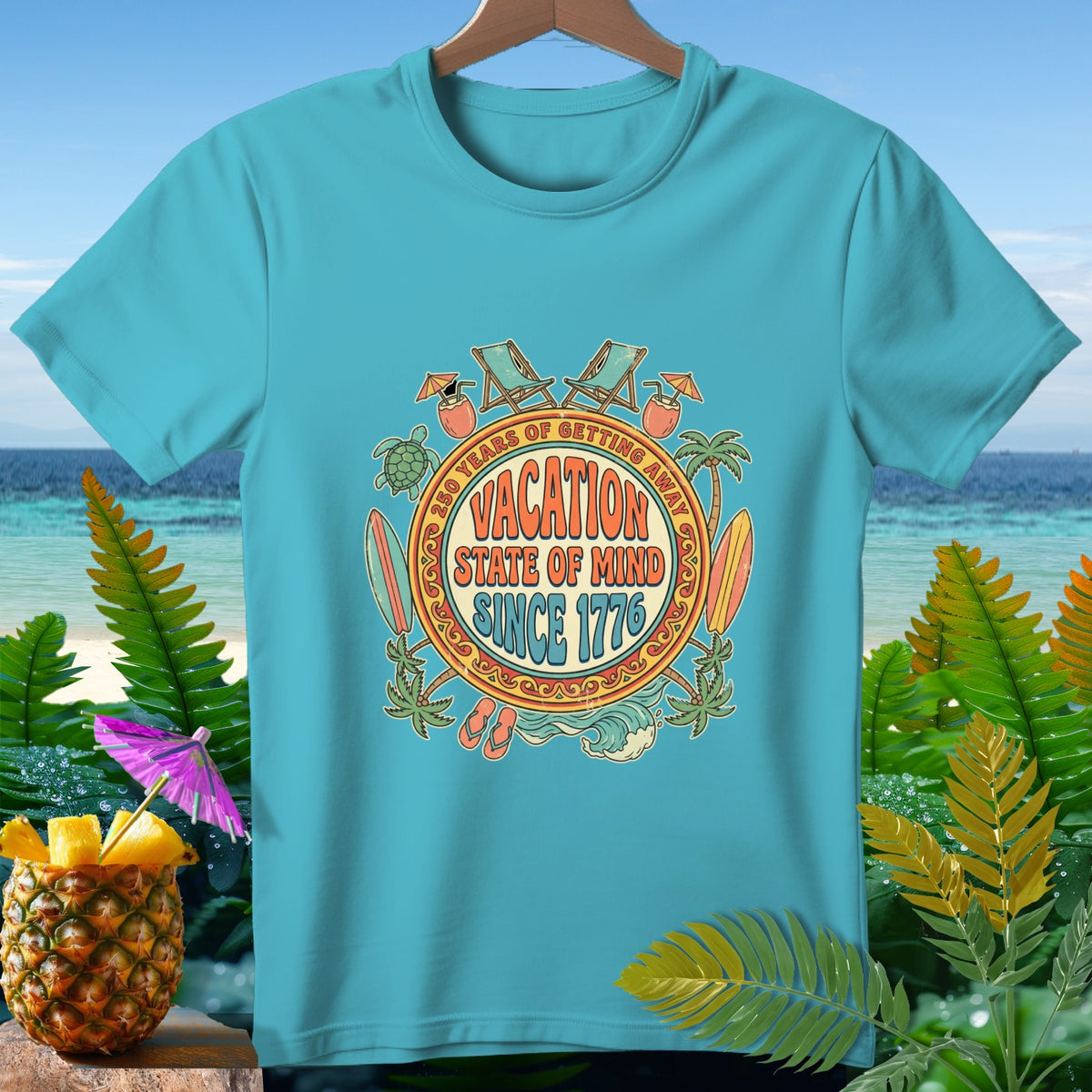 Turquoise t-shirt with "Vacation State of Mind Since 1776" graphic.
