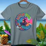 T-shirt graphic with witch riding broom over waves, text 
