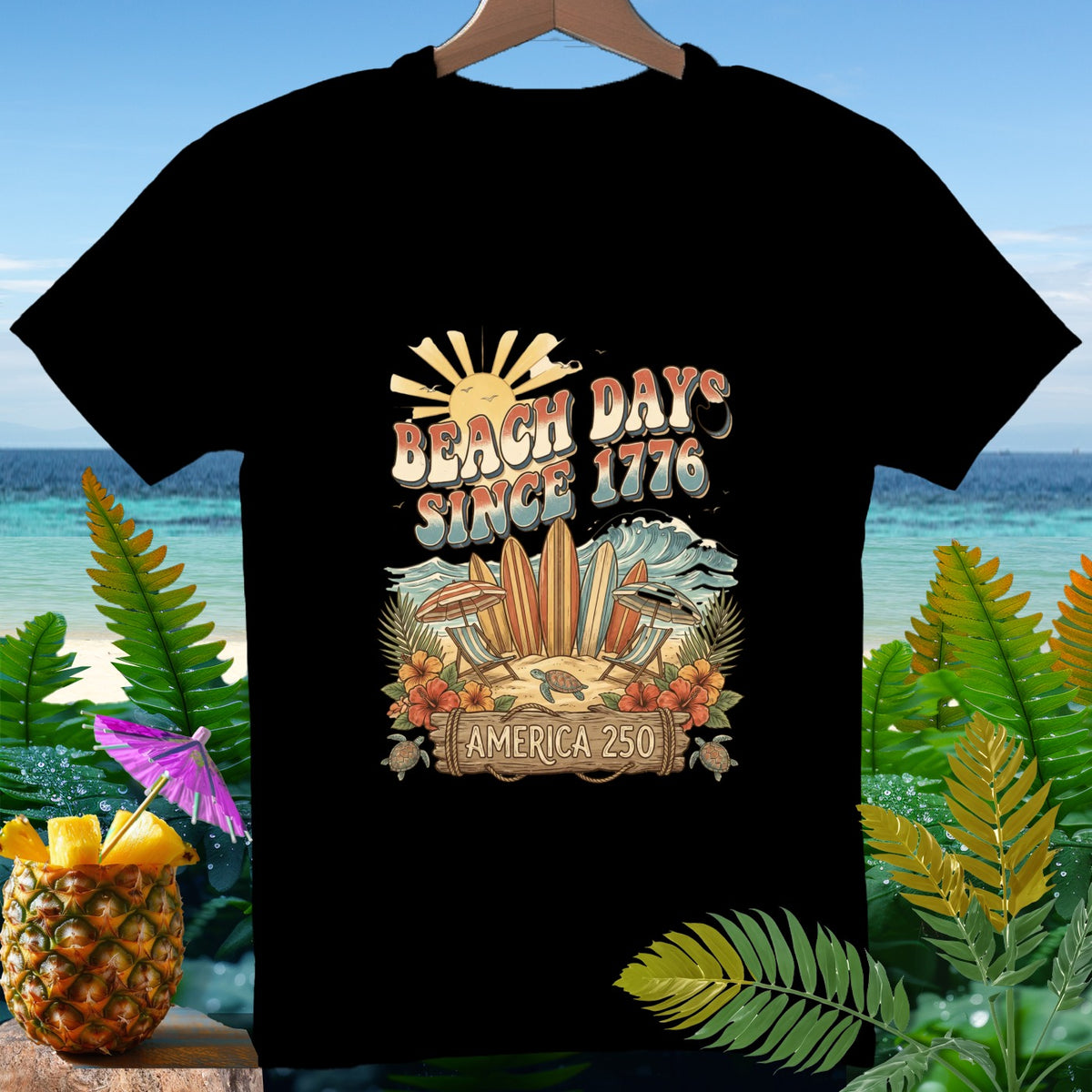 Black t-shirt with "Beach Days Since 1776 America 250" graphic.