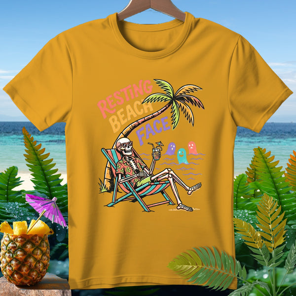 Skeleton relaxing on a beach chair under a palm tree, text "RESTING BEACH FACE".
