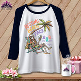 Skeleton in beach chair under palm tree, text 