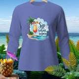 Purple long sleeve shirt with tropical drink graphic and text 