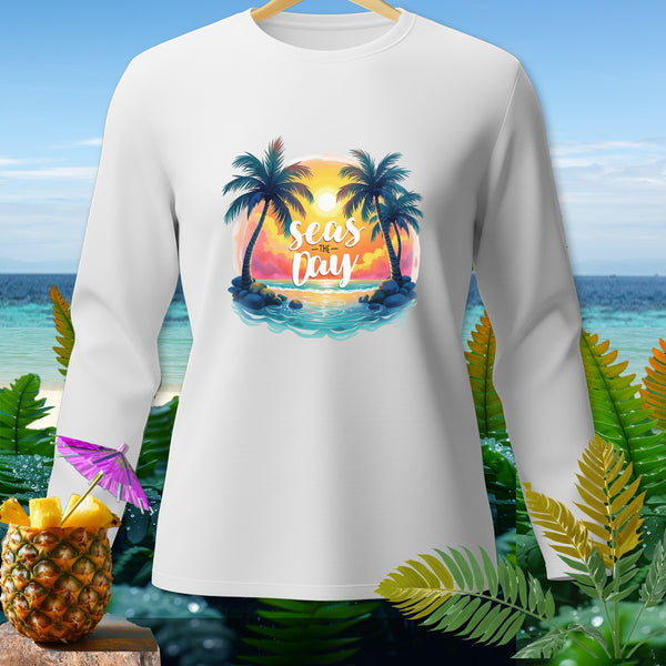 White long-sleeve shirt with "seas the Day" tropical graphic and pineapple garnish.