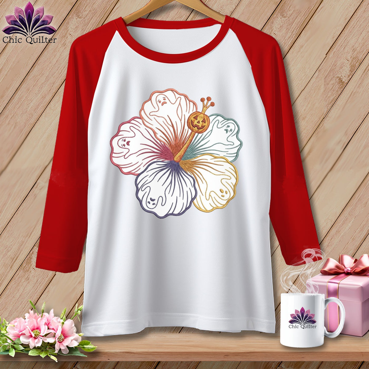 White t-shirt with red sleeves featuring a colorful hibiscus with ghost and pumpkin details.